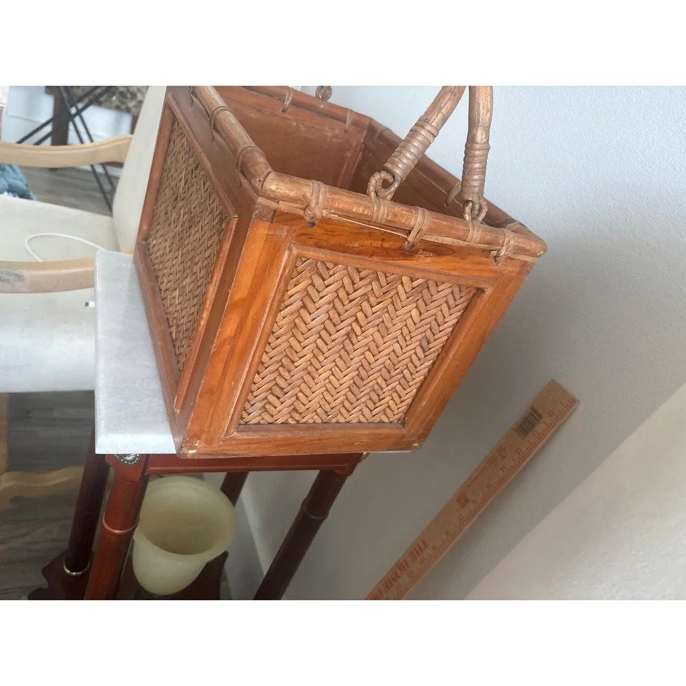 Vintage Woven Rattan Bamboo Wood Rectangular Basket w/ Bamboo Swing Handles MCM